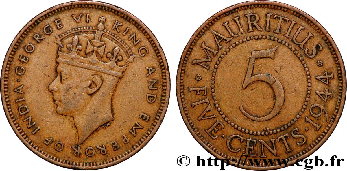 ÎLE MAURICE 5 Cents Georges VI 1944 Pretoria - SA TTB 