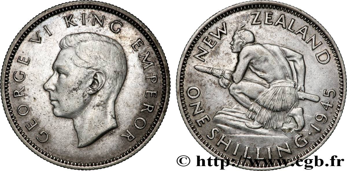 NUOVA ZELANDA 1 Shilling Georges VI / guerrier maori 1945 Londres q.SPL 