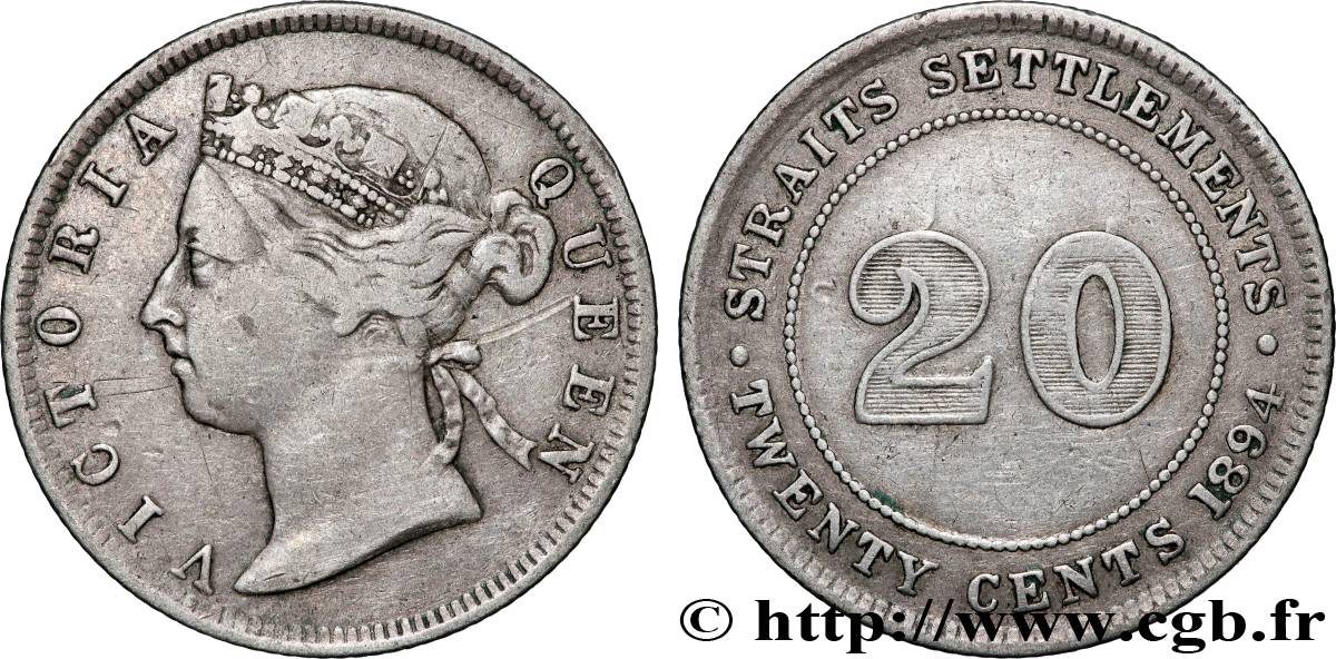 MALAISIE - ÉTABLISSEMENTS DES DÉTROITS 20 Cents Victoria 1894  TB+ 