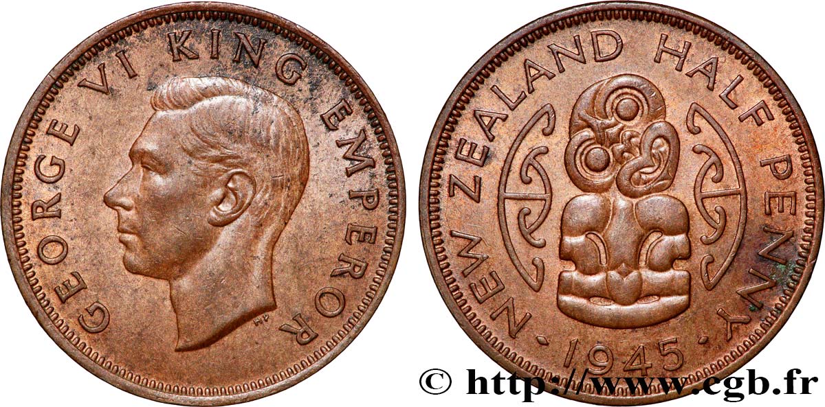 NOUVELLE-ZÉLANDE 1/2 Penny George VI / pendentif maori Hei Tiki 1945  TTB+ 