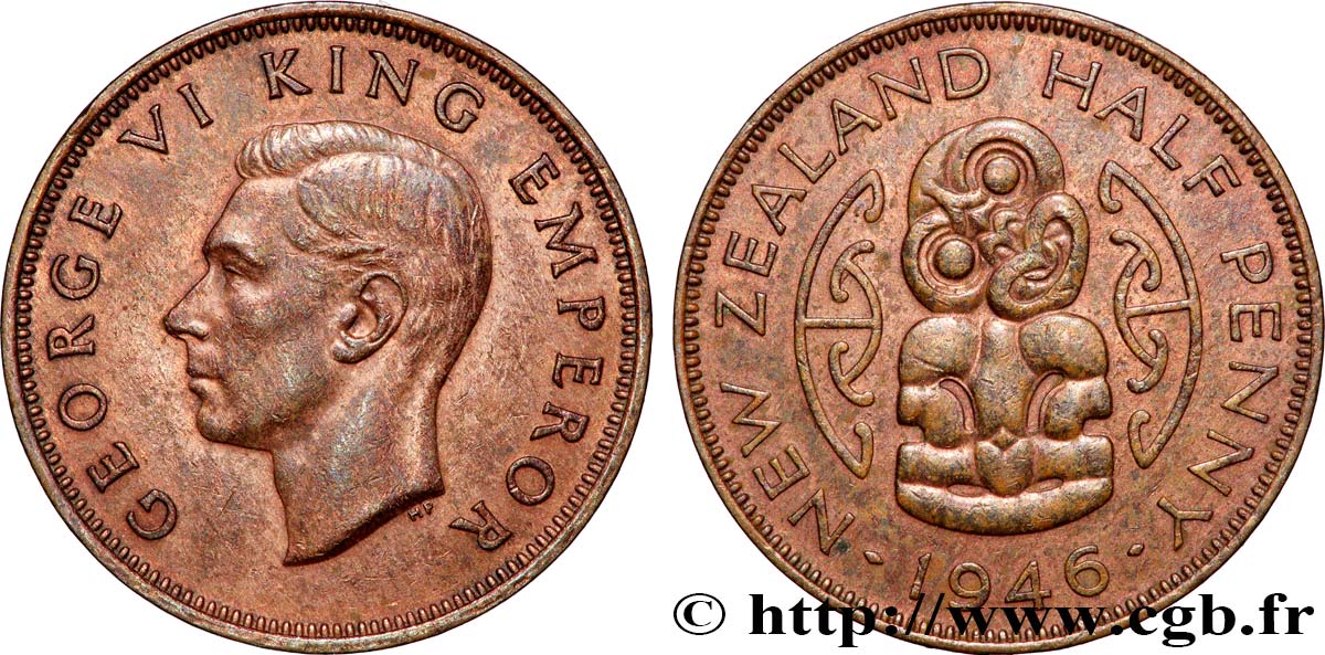 NOUVELLE-ZÉLANDE 1/2 Penny George VI / pendentif maori Hei Tiki 1946  TTB+ 