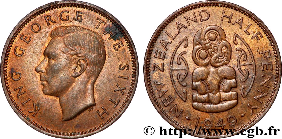 NOUVELLE-ZÉLANDE 1/2 Penny George VI / pendentif maori Hei Tiki 1949  SUP 