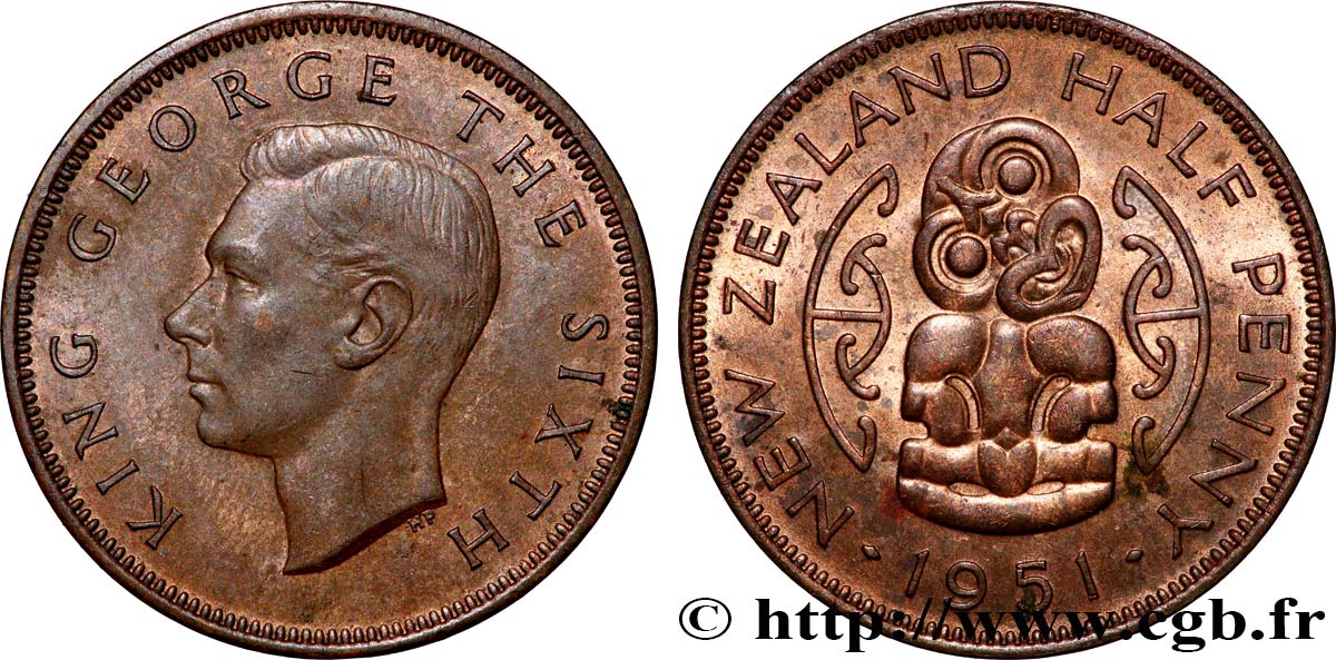 NOUVELLE-ZÉLANDE 1/2 Penny George VI / pendentif maori Hei Tiki 1951  SUP 