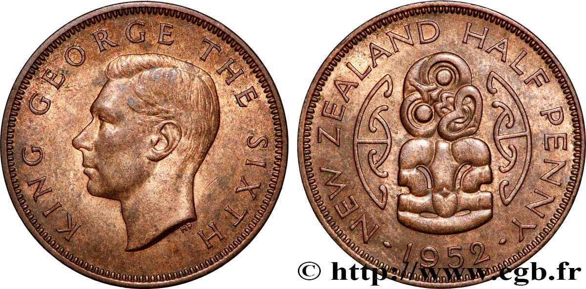 NOUVELLE-ZÉLANDE 1/2 Penny George VI / pendentif maori Hei Tiki 1952  SUP 