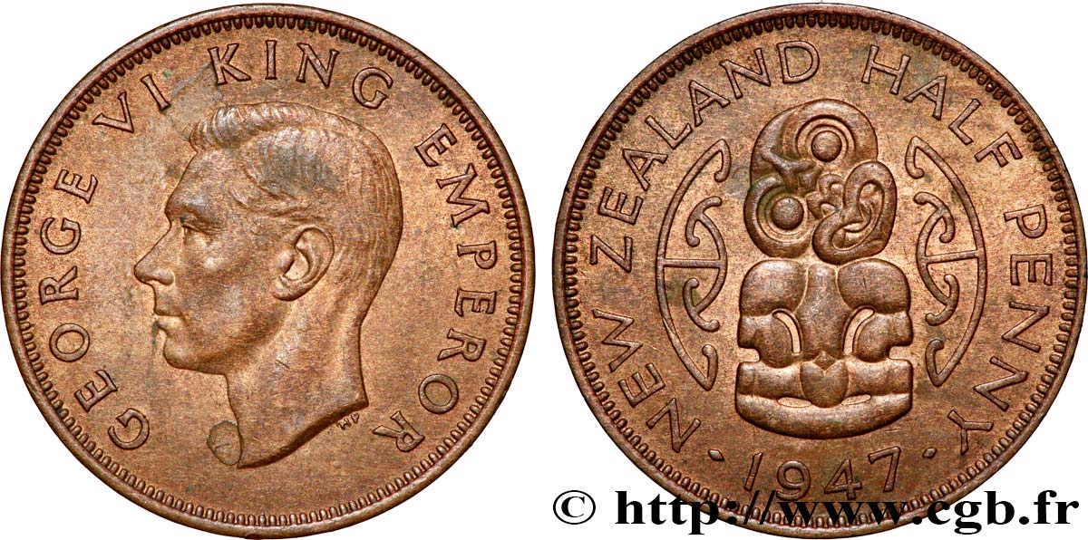 NOUVELLE-ZÉLANDE 1/2 Penny George VI / pendentif maori Hei Tiki 1947  SUP 