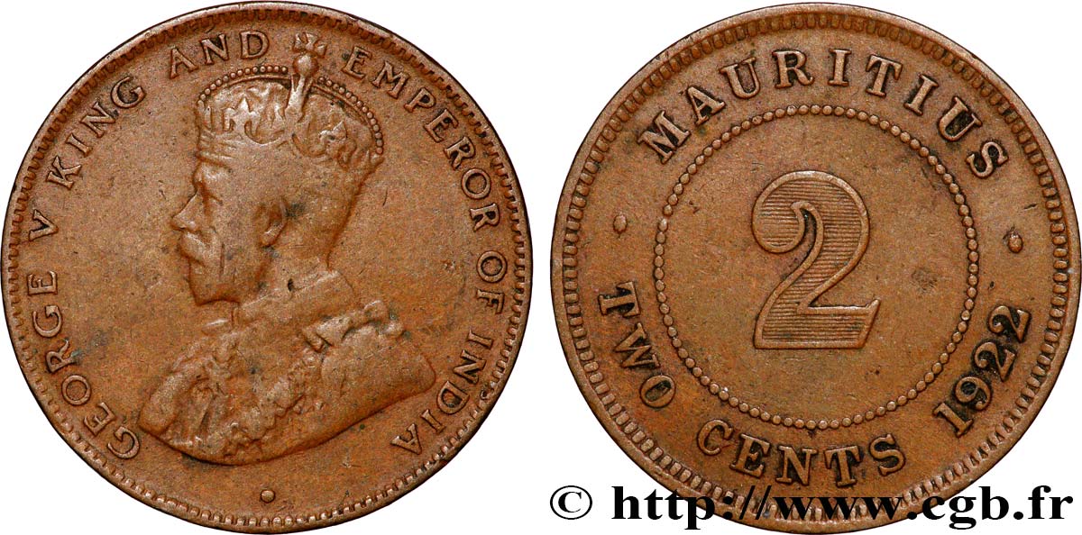 ÎLE MAURICE 2 Cents Georges V 1922  TTB 