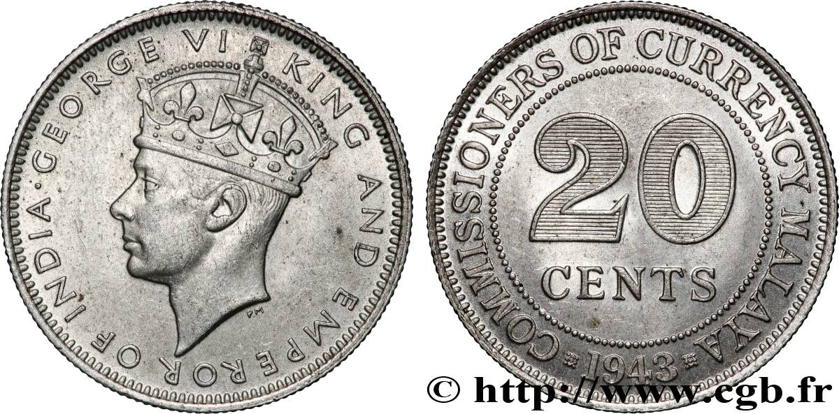 MALAISIE 20 Cents Commission Monétaire de Malaisie Georges VI 1943  SUP 