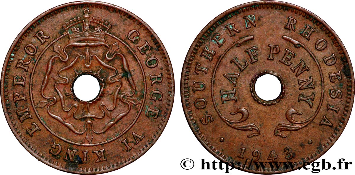 RODESIA MERIDIONALE 1/2 Penny frappe au nom de Georges VI 1943  BB 