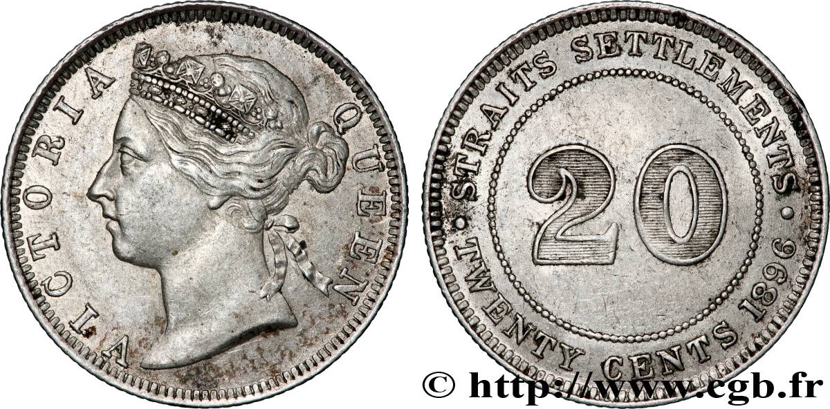 MALAISIE - ÉTABLISSEMENTS DES DÉTROITS 20 Cents Victoria 1896  TTB+ 