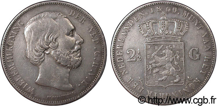 NETHERLANDS 2 1/2 Gulden Guillaume III 1869  XF 