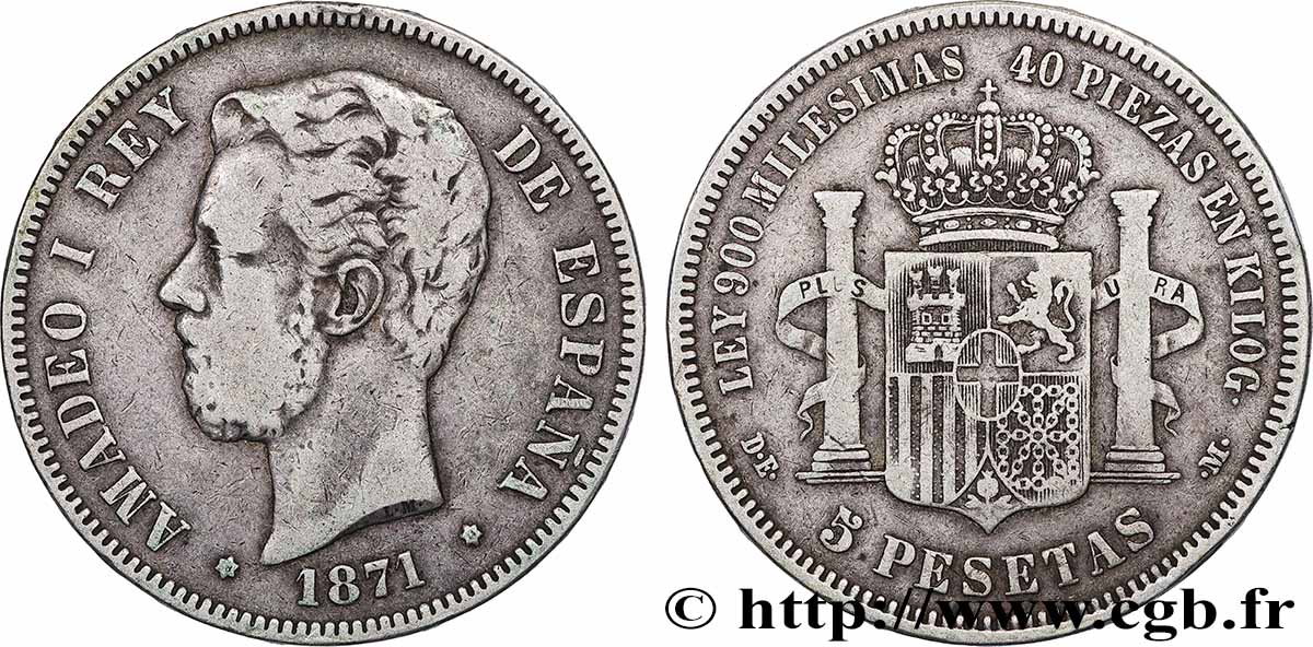 ESPAGNE - ROYAUME D&nbsp;ESPAGNE - AMÉDÉE Ier 5 Pesetas  1871 Madrid TB+ 