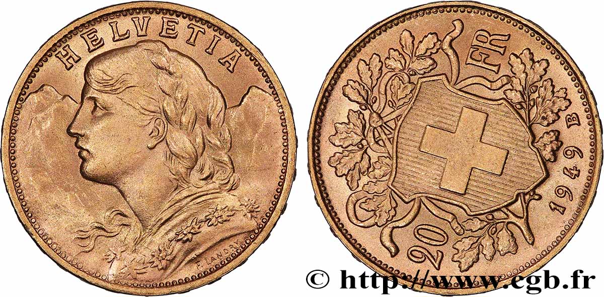 OR, PALLADIUM ET PLATINE INVESTISSEMENT 20 Francs or &nbsp;Vreneli&nbsp;, désaxée à 10 heures 1949 Berne SUP 