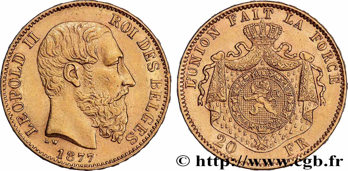 OR, PALLADIUM ET PLATINE INVESTISSEMENT 20 Francs Léopold II 1877 Bruxelles TTB+ 