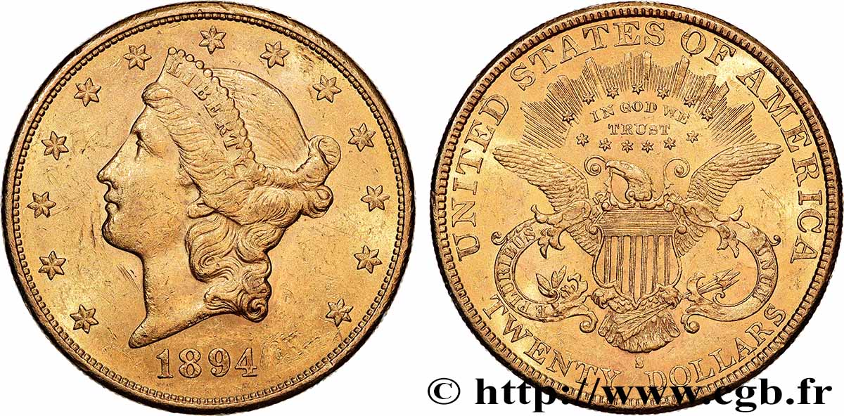 OR, PALLADIUM ET PLATINE INVESTISSEMENT 20 Dollars &nbsp;Liberty&nbsp; 1894 San Francisco TTB+ 