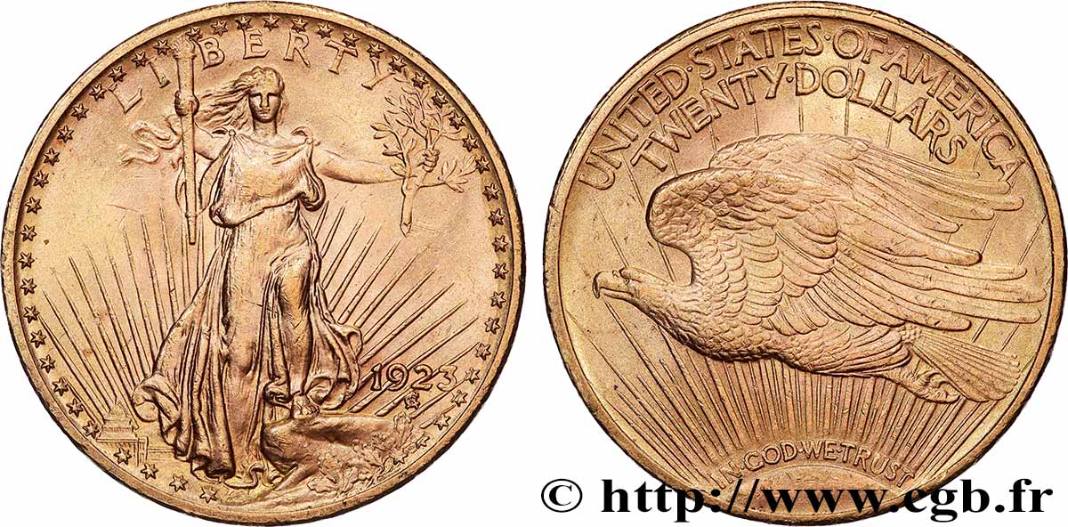 OR, PALLADIUM ET PLATINE INVESTISSEMENT 20 Dollars &nbsp;Saint-Gaudens” 1923 Philadelphie SUP 