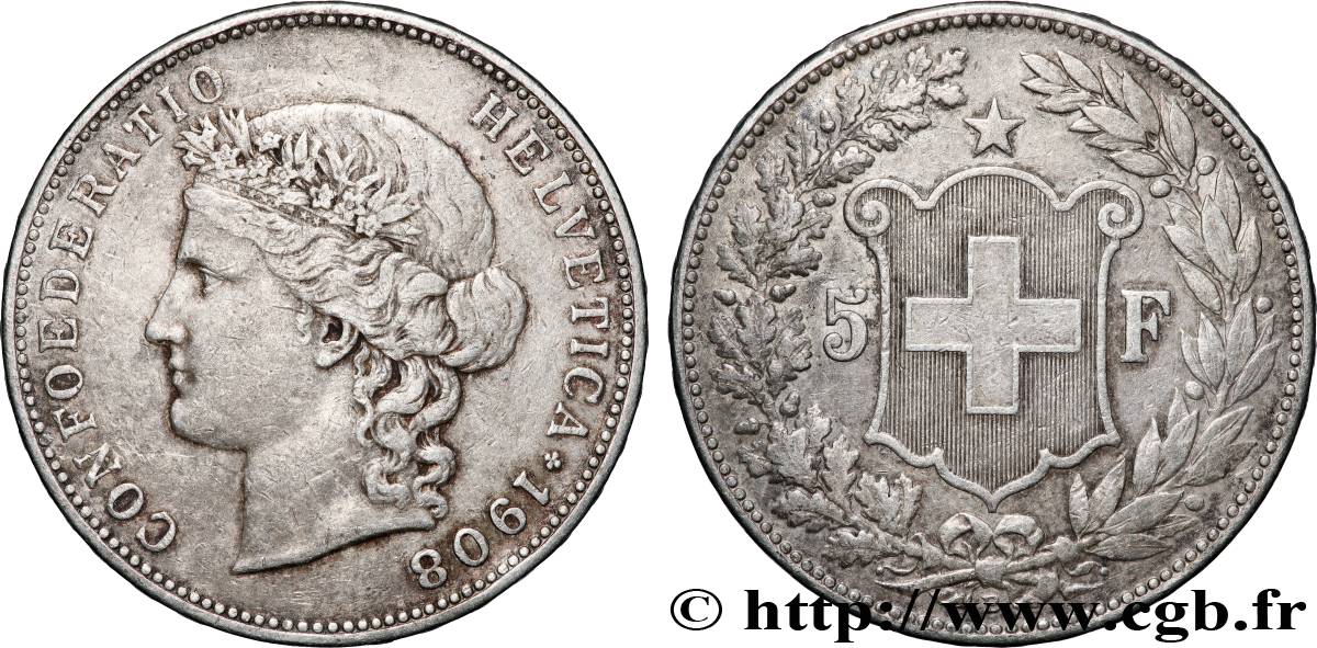 SUISSE 5 Francs Helvetia 1908 Berne TTB 