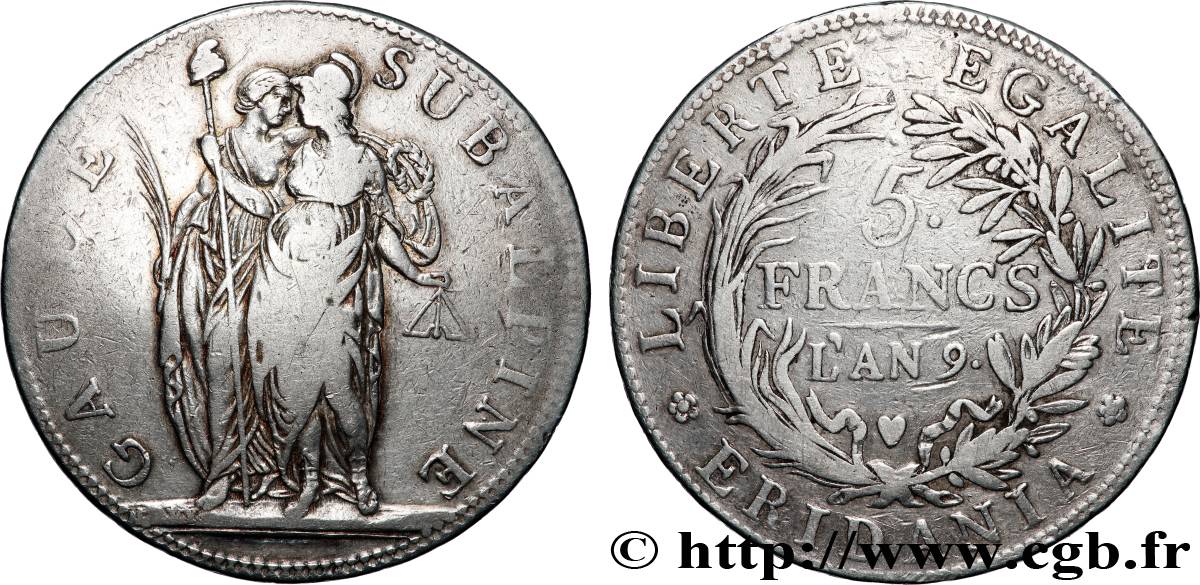 ITALIE - GAULE SUBALPINE 5 Francs an 9 1801 Turin TTB 