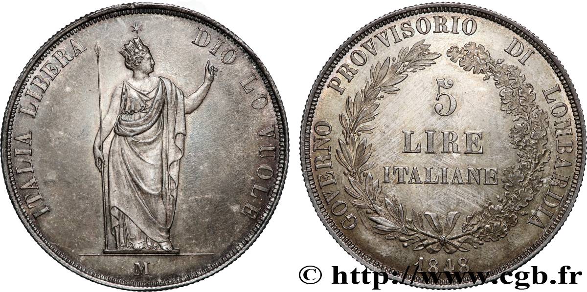 LOMBARDIE - GOUVERNEMENT PROVISOIRE 5 Lire 1848 Milan SPL 