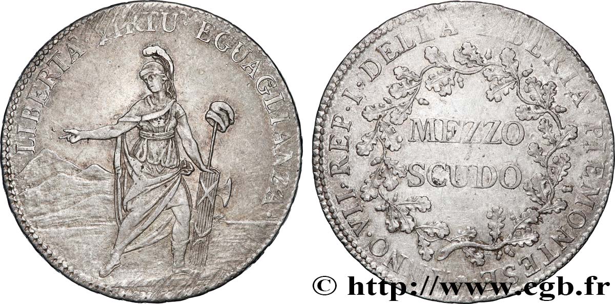 ITALIE - RÉPUBLIQUE PIÉMONTAISE 1/2 Scudo Piemont an VII 1799 Turin TTB+ 