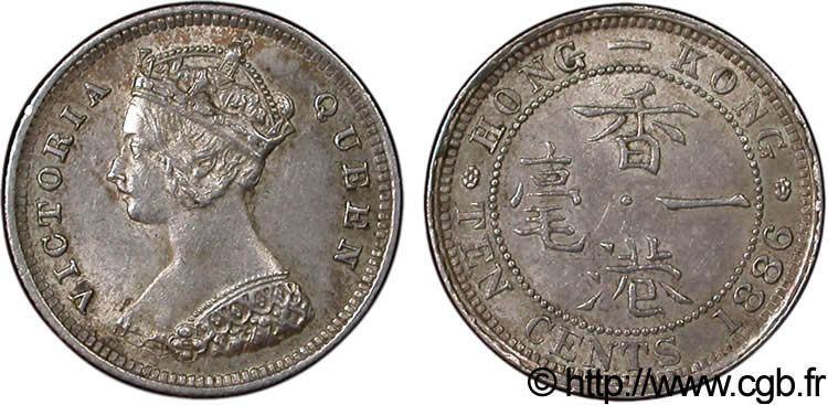 HONG KONG 10 Cents Victoria 1886  SPL 