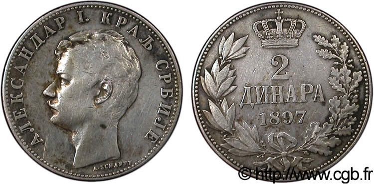 SERBIA 2 Dinars Alexandre Ier 1897  XF 