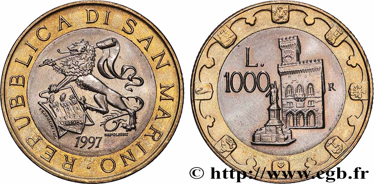 SAN MARINO 1000 Lire lion héraldique / le Palazzo Publico 1997 Rome fST 