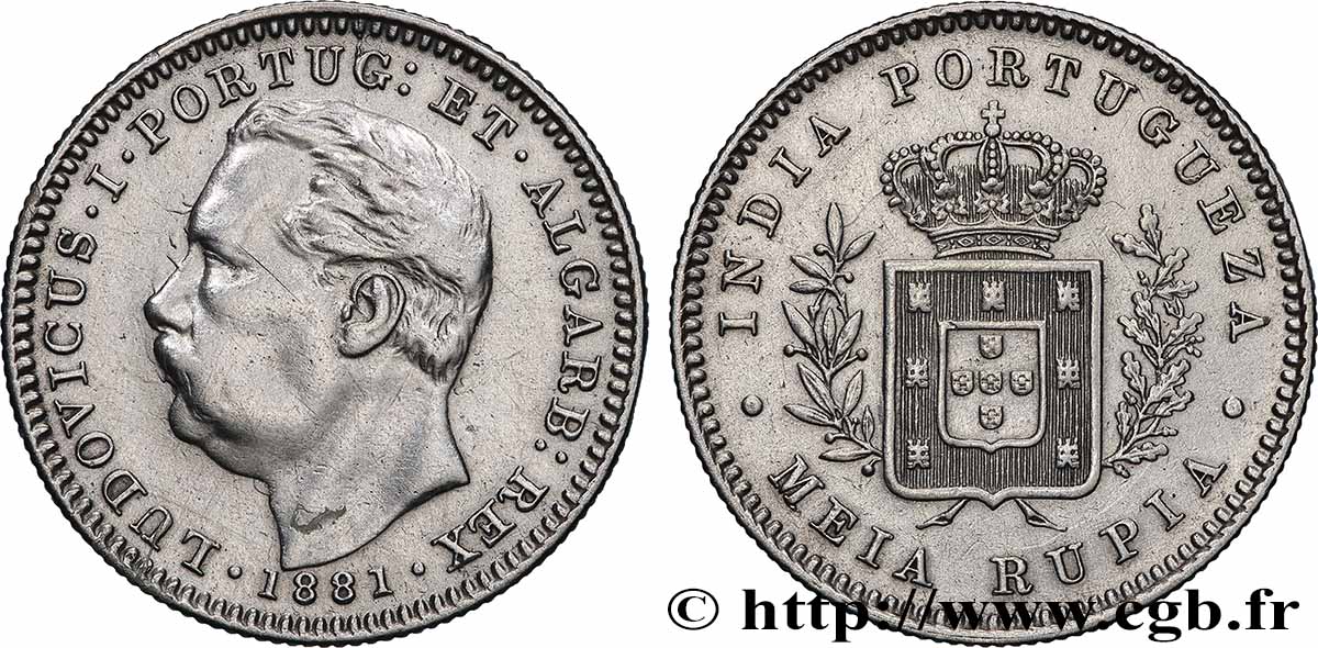 PORTUGIESISCH-INDIEN 1/2 Roupie Louis Ier 1881  SS 