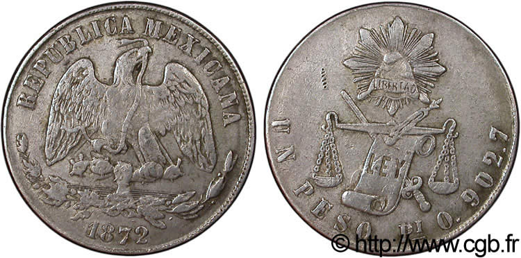 MEXICO 1 Peso aigle 1872 San Luis Potosi XF 