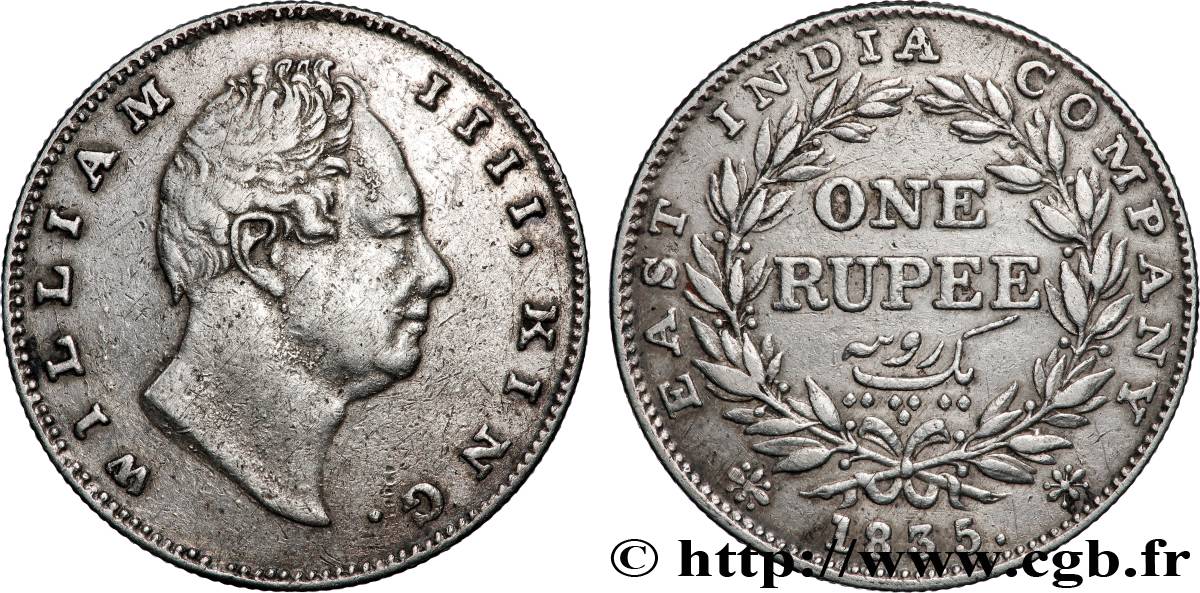 INDES BRITANNIQUES 1 Roupie (Rupee) East India Company William IV 1835 Calcutta TTB 