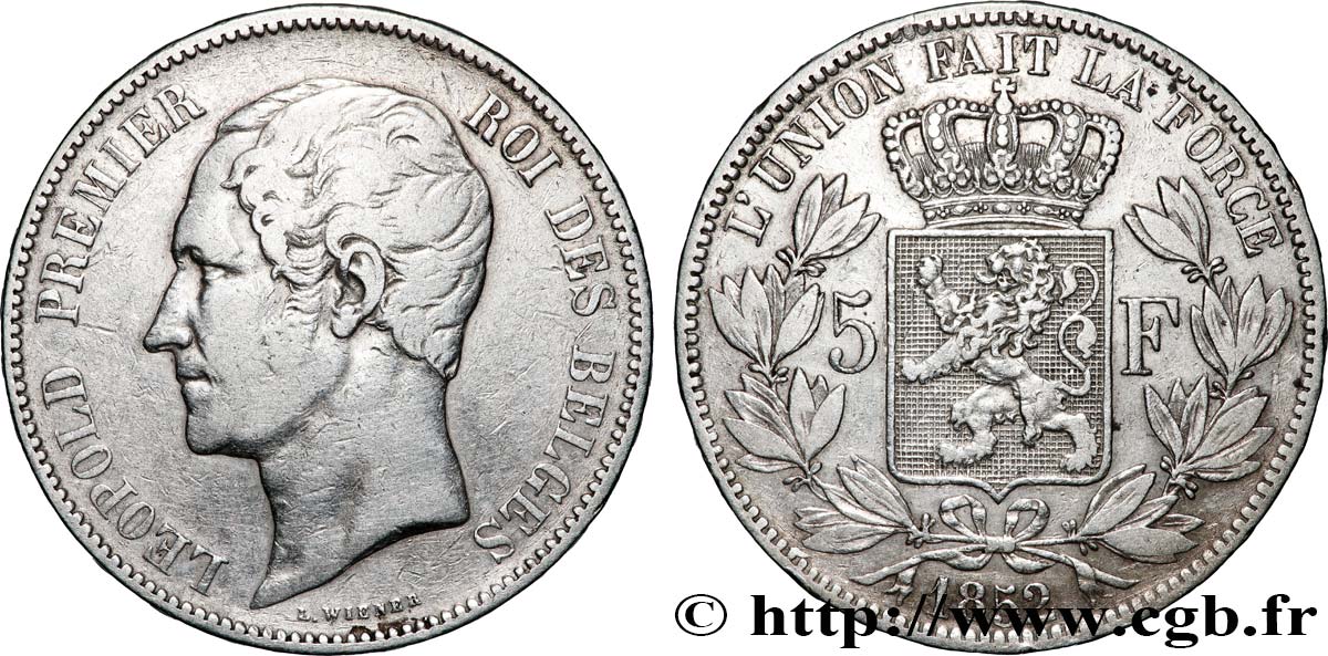 BELGIQUE 5 Francs Léopold Ier 1852 Bruxelles TTB 