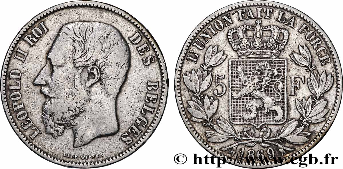 BELGIQUE - ROYAUME DE BELGIQUE - LÉOPOLD II 5 Francs  1869  TTB 