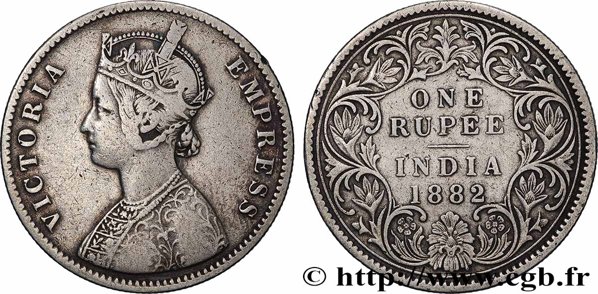 BRITISH INDIA 1 Rupee (Roupie) Victoria 1882 Calcutta VF 