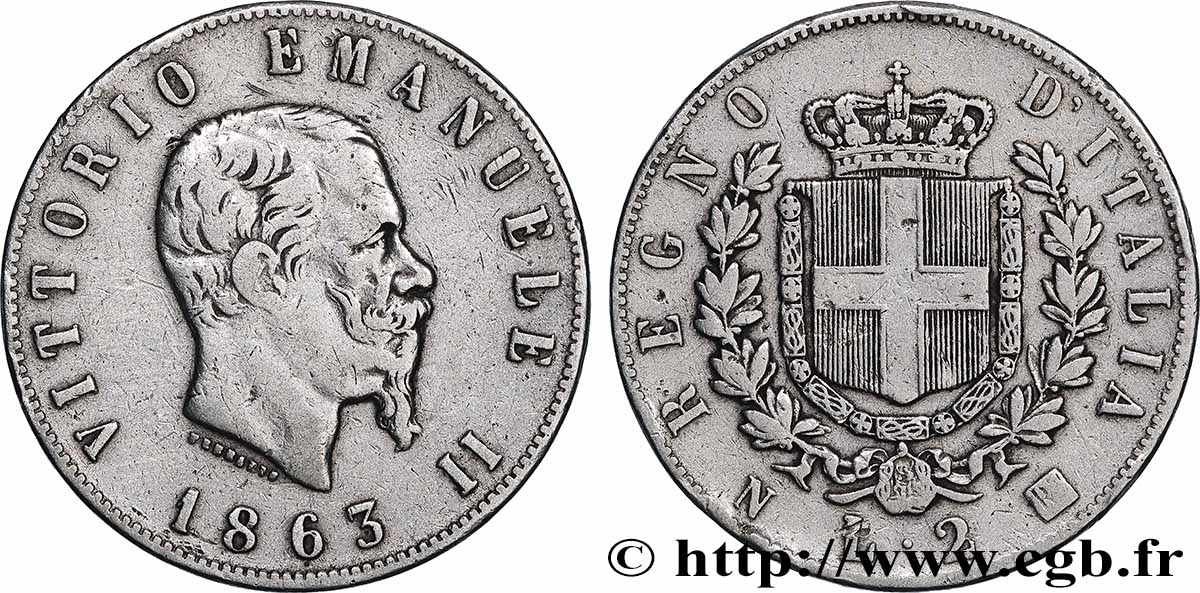 ITALIA 2 Lire Victor Emmanuel II 1863 Naples BC+ 