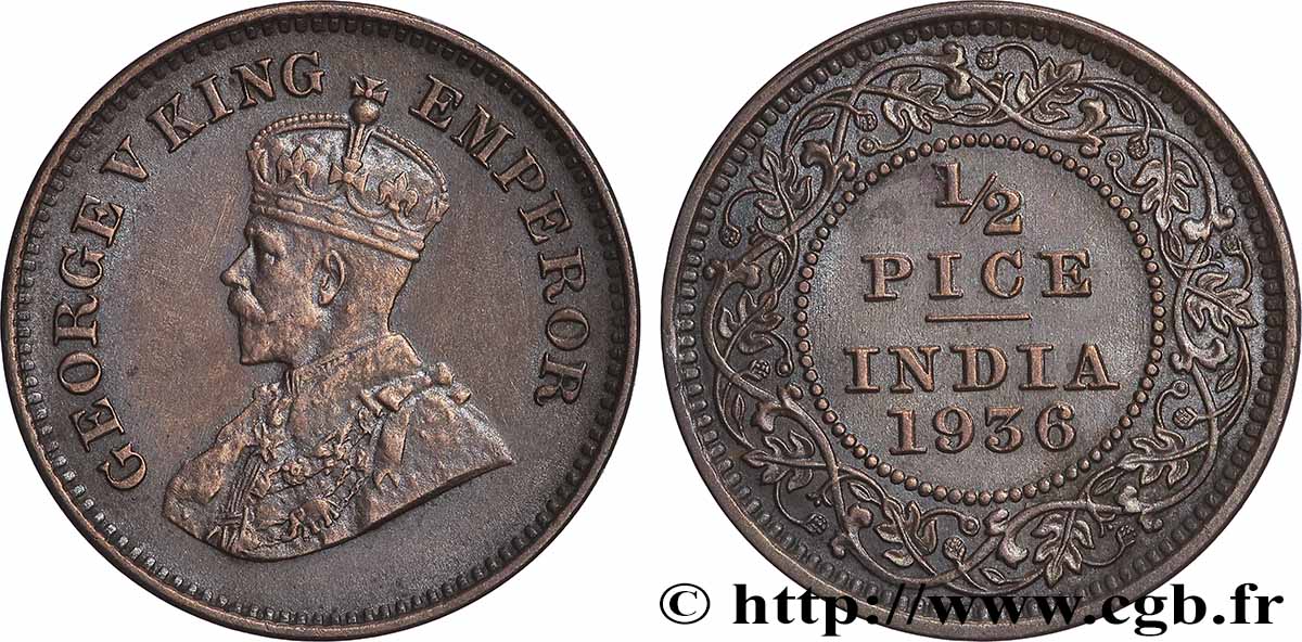 BRITISH INDIA 1/2 Pice Georges V 1936  XF 