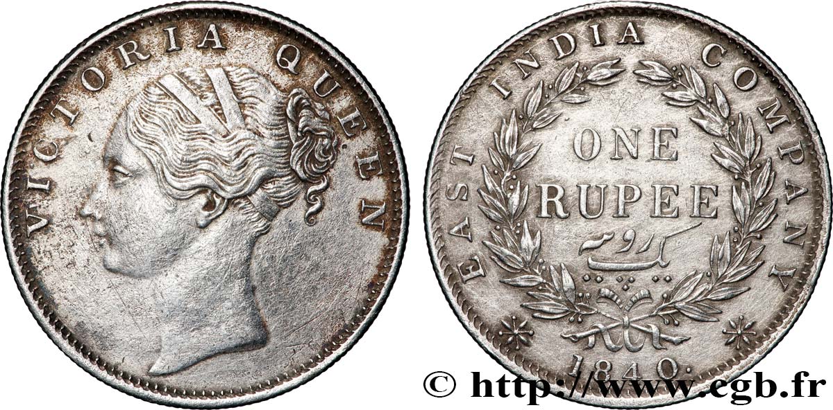INDES BRITANNIQUES 1 Roupie East India Company Victoria 1840 Bombay TTB 