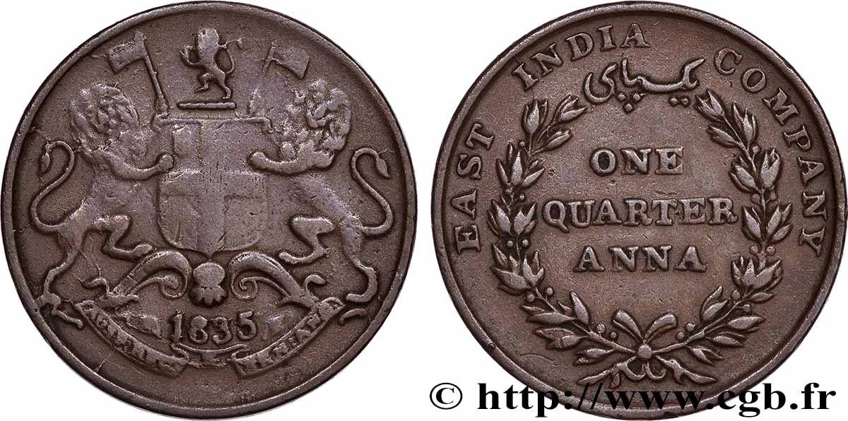 INDES BRITANNIQUES 1/4 Anna East India Company 1835 Calcutta TTB 