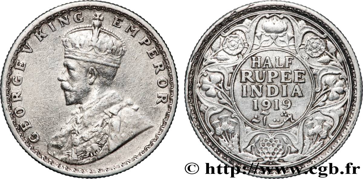 INDES BRITANNIQUES 1/2 Roupie Georges V 1919 Bombay (Mumbai) TTB 