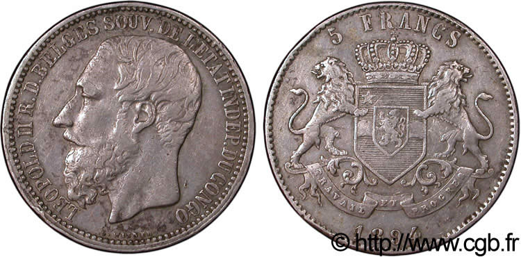 KONGO-FREISTAAT 5 Francs Léopold II 1894  fVZ 