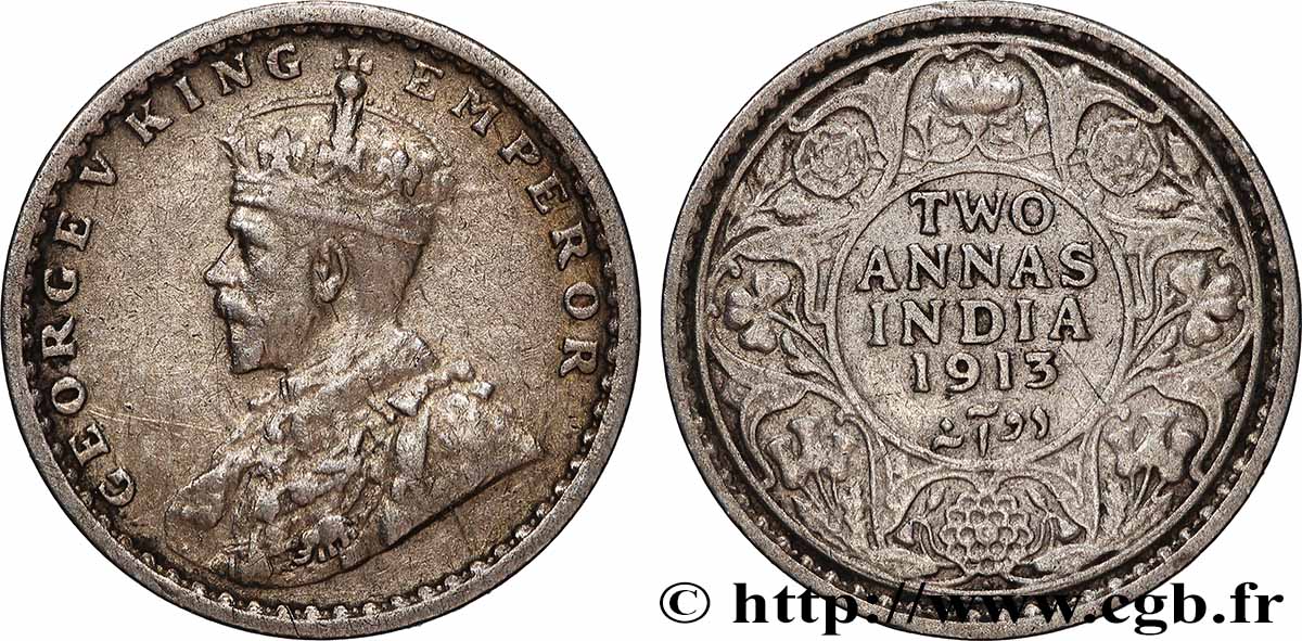 INDES BRITANNIQUES 2 Annas Georges V 1913 Calcutta TTB 
