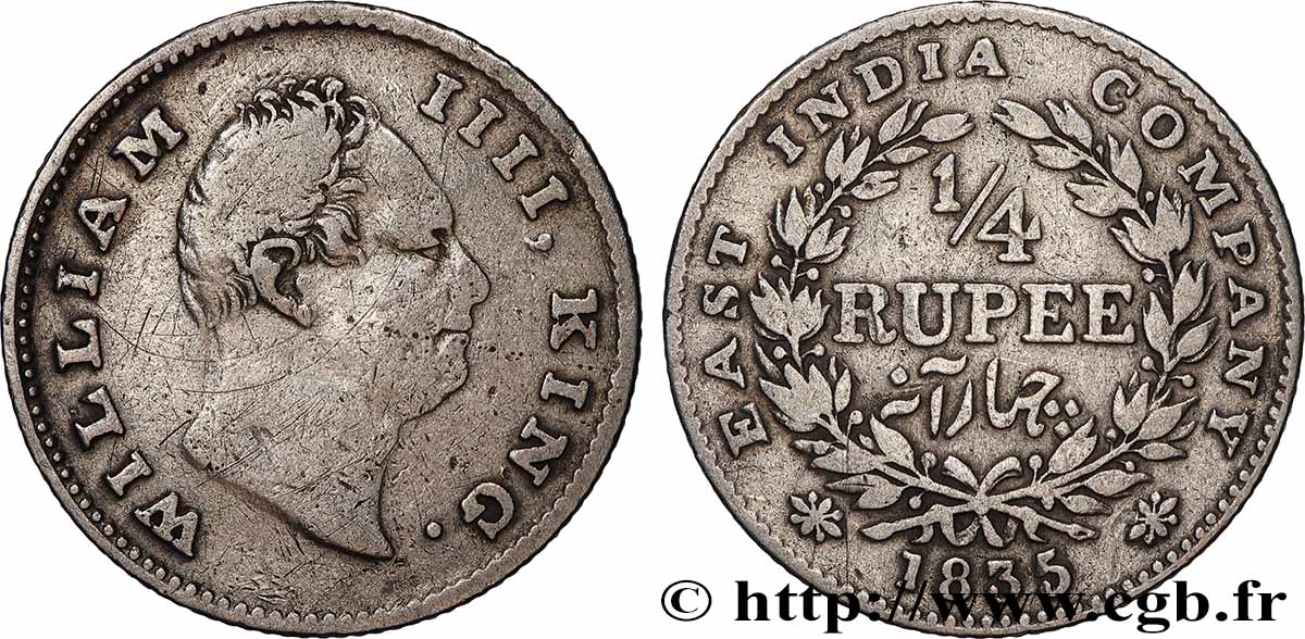 BRITISH INDIA 1/4 Rupee (Roupie) William IV 1835 Calcutta VF 