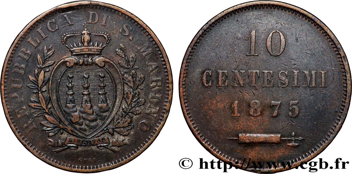 SAN MARINO 10 Centesimi écu aux trois tours 1875 Milan SS 