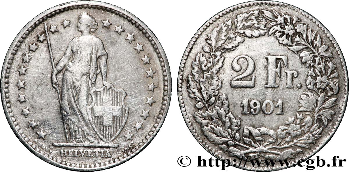 SUISSE 2 Francs Helvetia 1901 Berne - B TB 