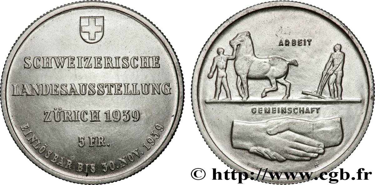 SUISSE 5 Francs Exposition de Zurich 1939 Huguenin - Le Locle TTB+ 