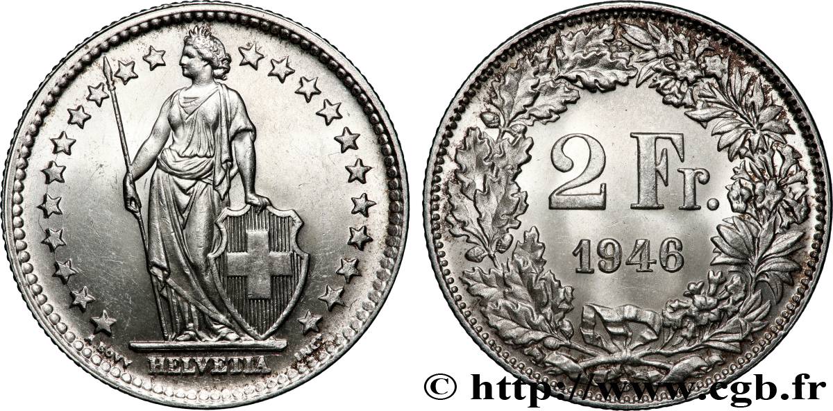 SCHWEIZ 2 Francs Helvetia 1946 Berne fST 