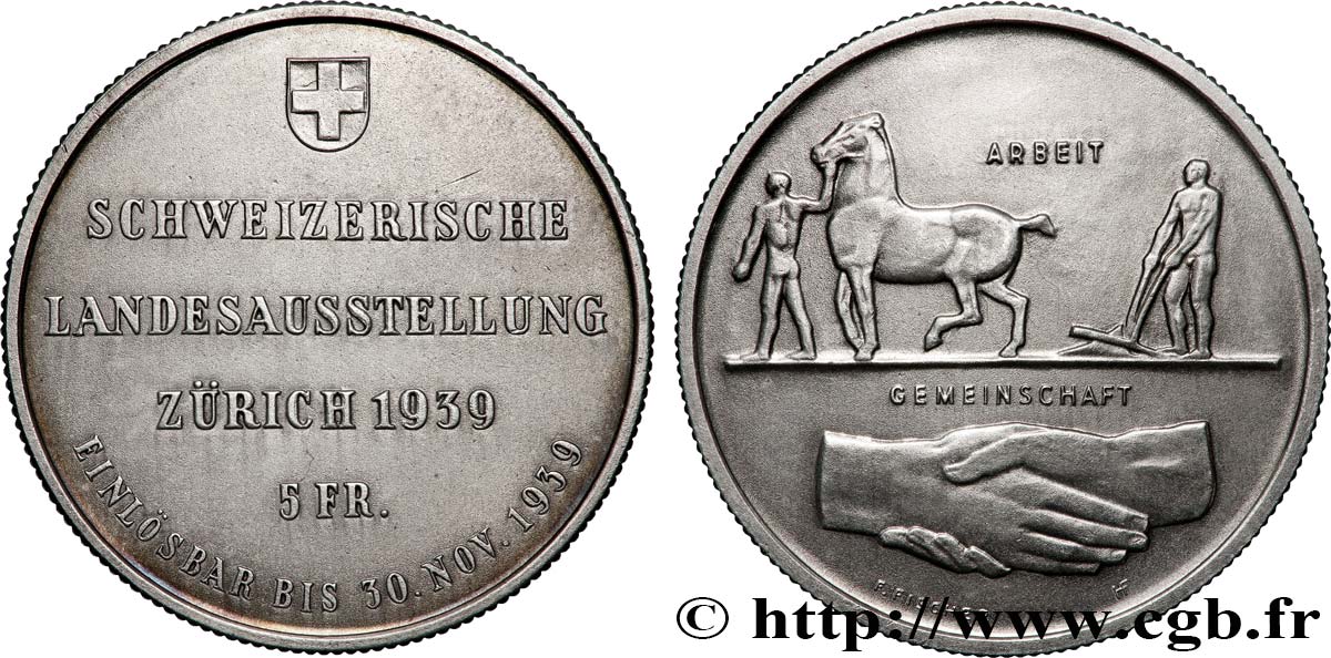 SUISSE 5 Francs Exposition de Zurich 1939 Huguenin - Le Locle TTB+ 