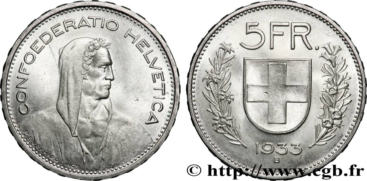 SCHWEIZ 5 Francs Berger des alpes 1933 Berne VZ 