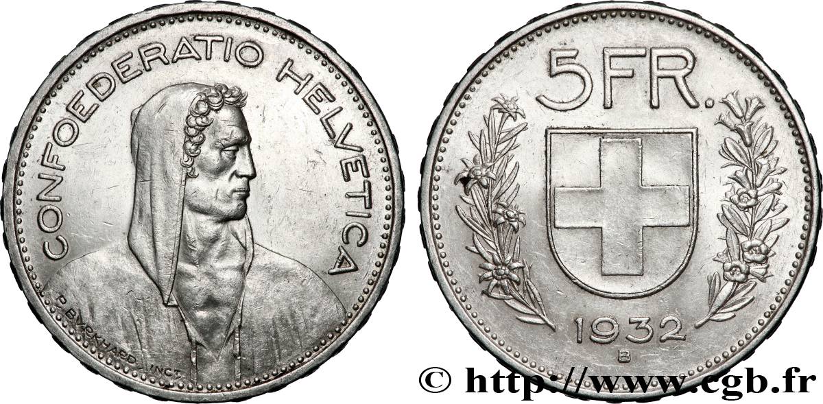 SCHWEIZ 5 Francs Berger des Alpes 1932 Berne VZ 