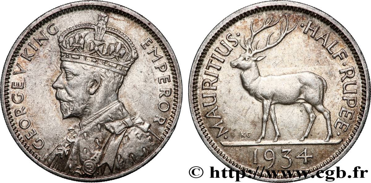 ÎLE MAURICE 1/2 Rupee (Roupie) Georges V 1934 Londres TTB+ 
