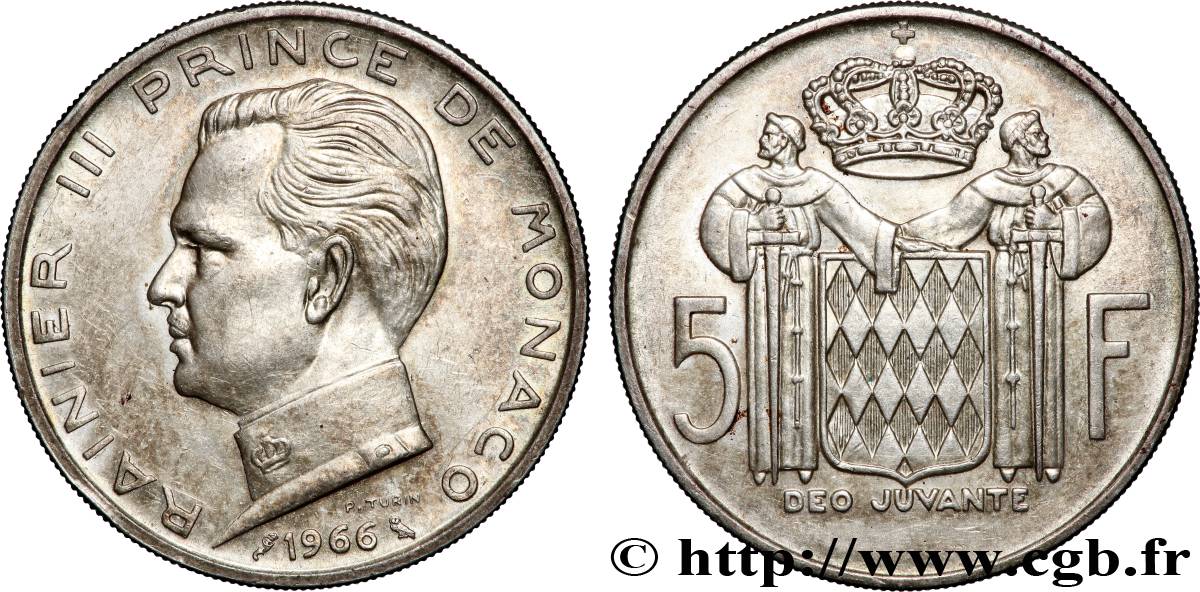MONACO 5 Francs Prince Rainier III 1966 Paris AU 