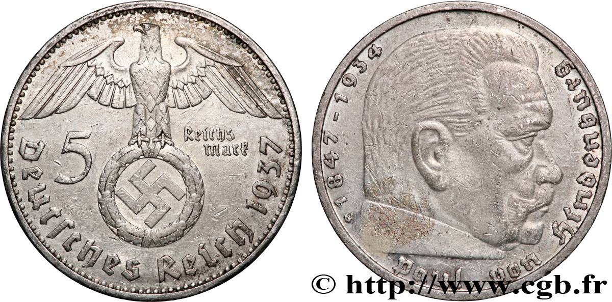 ALLEMAGNE 5 Reichsmark Maréchal Paul von Hindenburg 1937 Karlsruhe TTB 